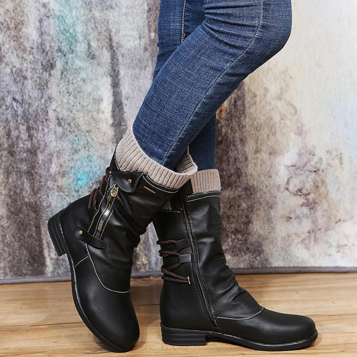 oiangi Womens Boots Fashion Mid Calf Side Zipper Back Lace Up Round Toe Square Heel High Boots Vintage Winter Elastic Comfortable Casual Low Heel Shoes