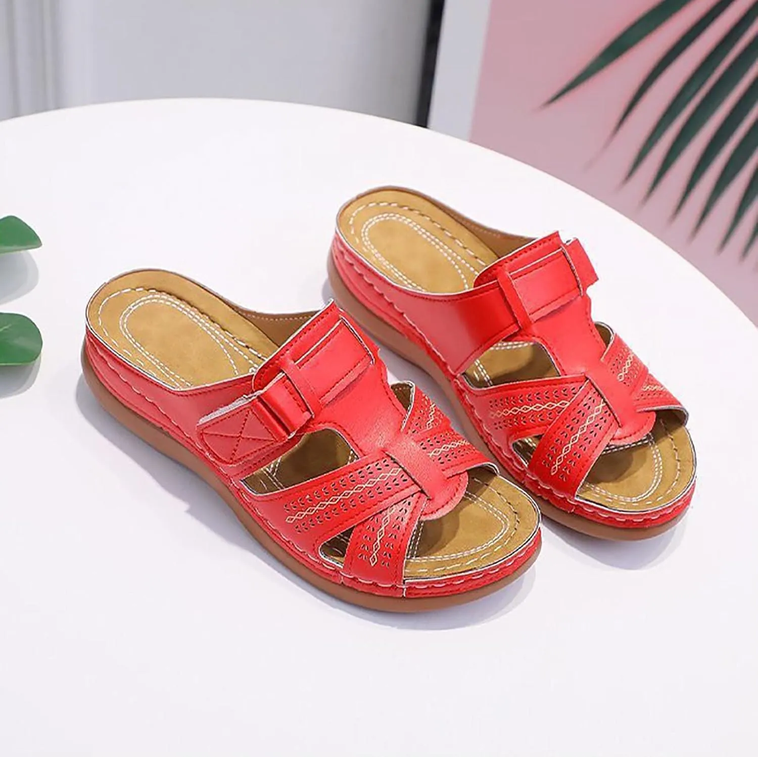 oiangi Womens Sandals 2023 Summer Comfortable Wedge Sandals with Arch Support Solid Casual Fish Mouth Open Toe Slip on Slippers Ladies Beach Travel Shoes