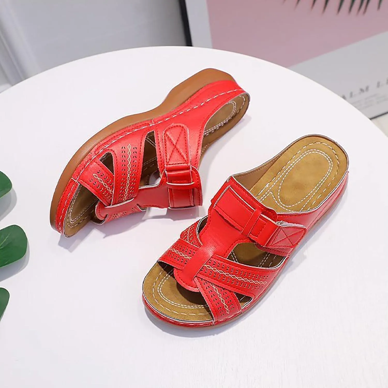 oiangi Womens Sandals 2023 Summer Comfortable Wedge Sandals with Arch Support Solid Casual Fish Mouth Open Toe Slip on Slippers Ladies Beach Travel Shoes