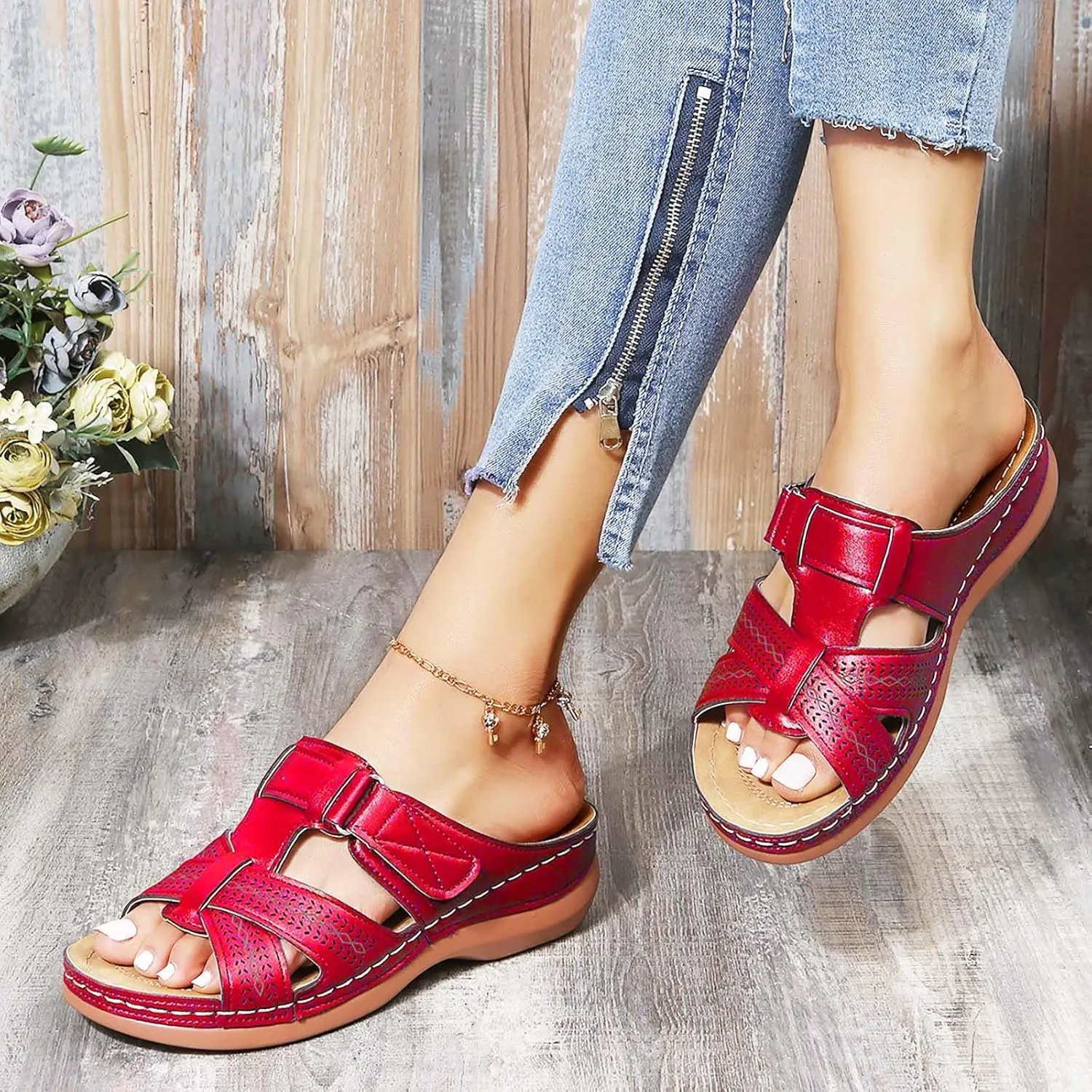 oiangi Womens Sandals 2023 Summer Comfortable Wedge Sandals with Arch Support Solid Casual Fish Mouth Open Toe Slip on Slippers Ladies Beach Travel Shoes