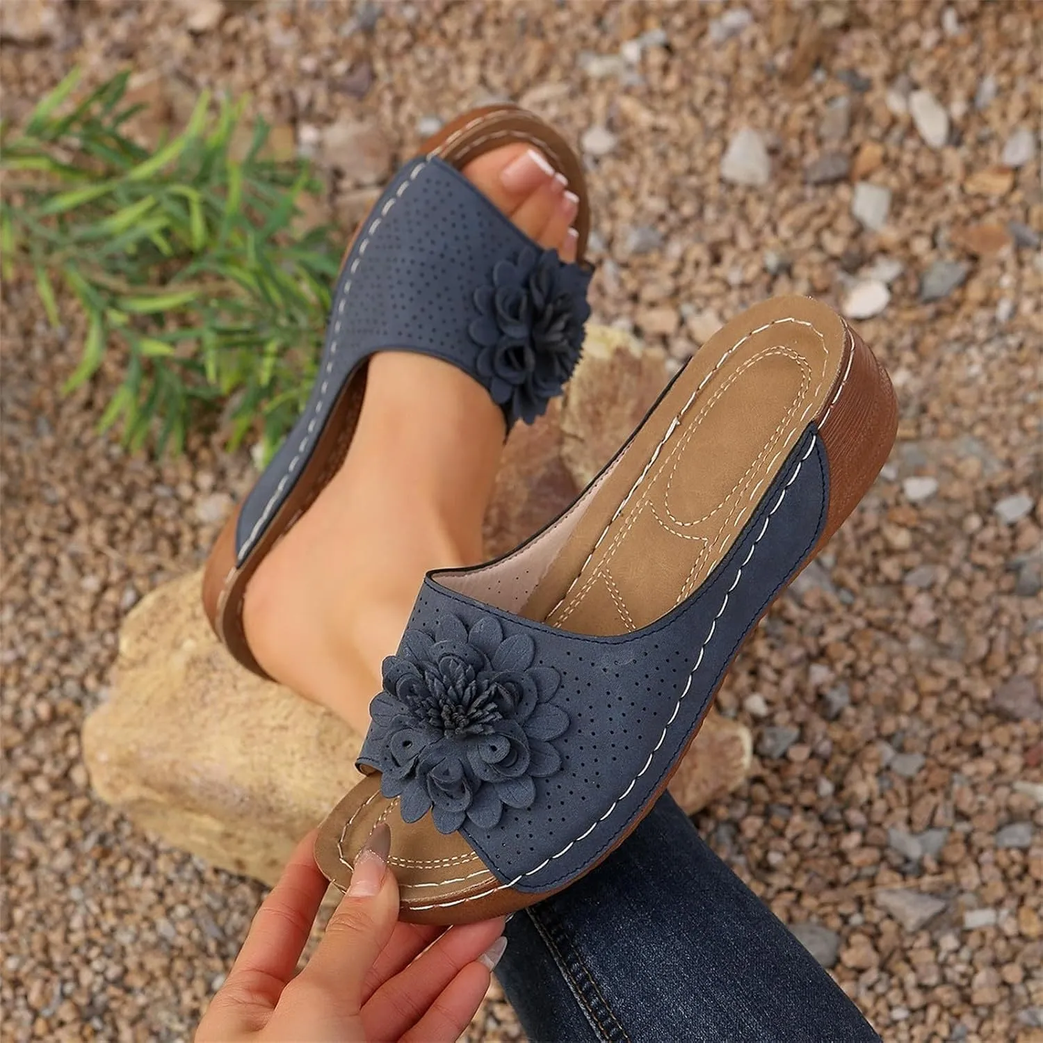 Orthopedic Sandals for Women 2025 Dressy Leather Bohemian Comfortable Wide Width Platform Arch Support Walking Sandals Floral Breathable Slip On Slipper Open Toe Beach Vacation Shoes