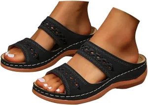 Orthopedic Sandals for Women 2025 Slip On Open Toe Casual Comfortable Orthopedic Slippers Arch Support Slides Lightweight Non Slip Vintage Fashionable Hollow Out Beach Outdoor Walking Sandals
