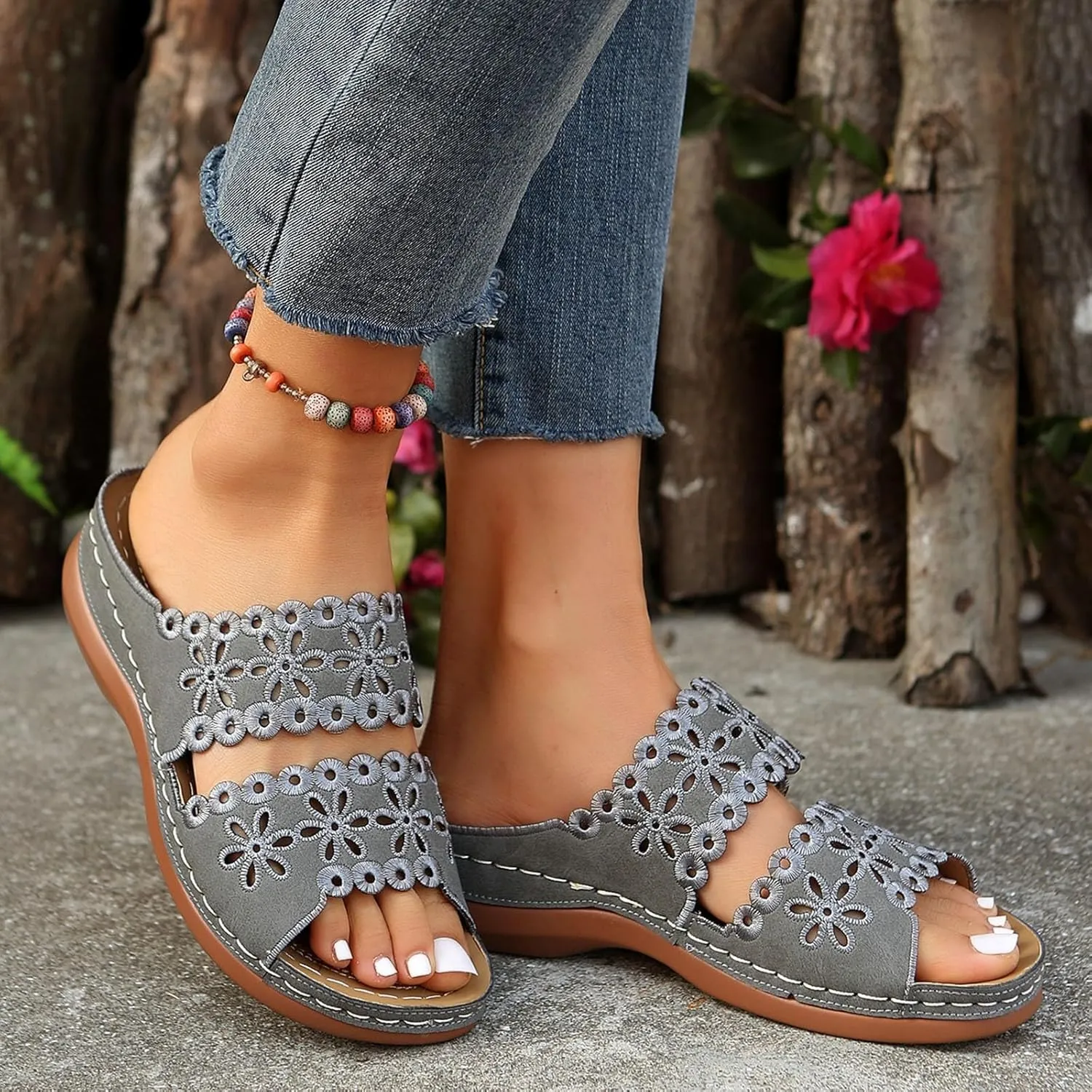 Orthopedic Sandals for Women Arch Support Flats Sandals Dressy Comfortable Cute Slippers White Low Heel Dress Shoes2