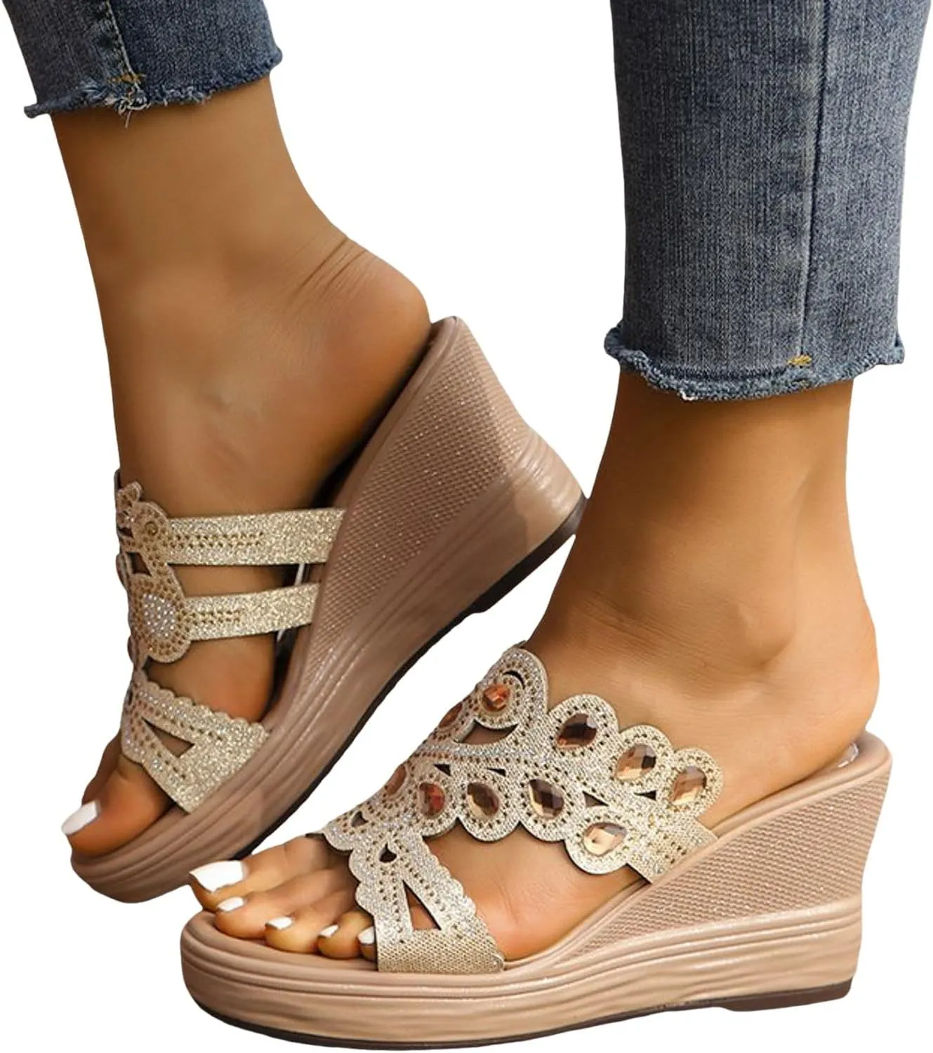 peqiut Women's Sandal Dressy Summer Wedge Orthopedic Sandals for Women Comfortable Outdoor Diamond Boho Sandals Casual Slides