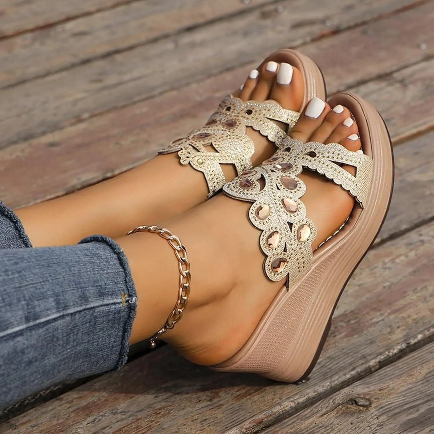 peqiut Women's Sandal Dressy Summer Wedge Orthopedic Sandals for Women Comfortable Outdoor Diamond Boho Sandals Casual Slides