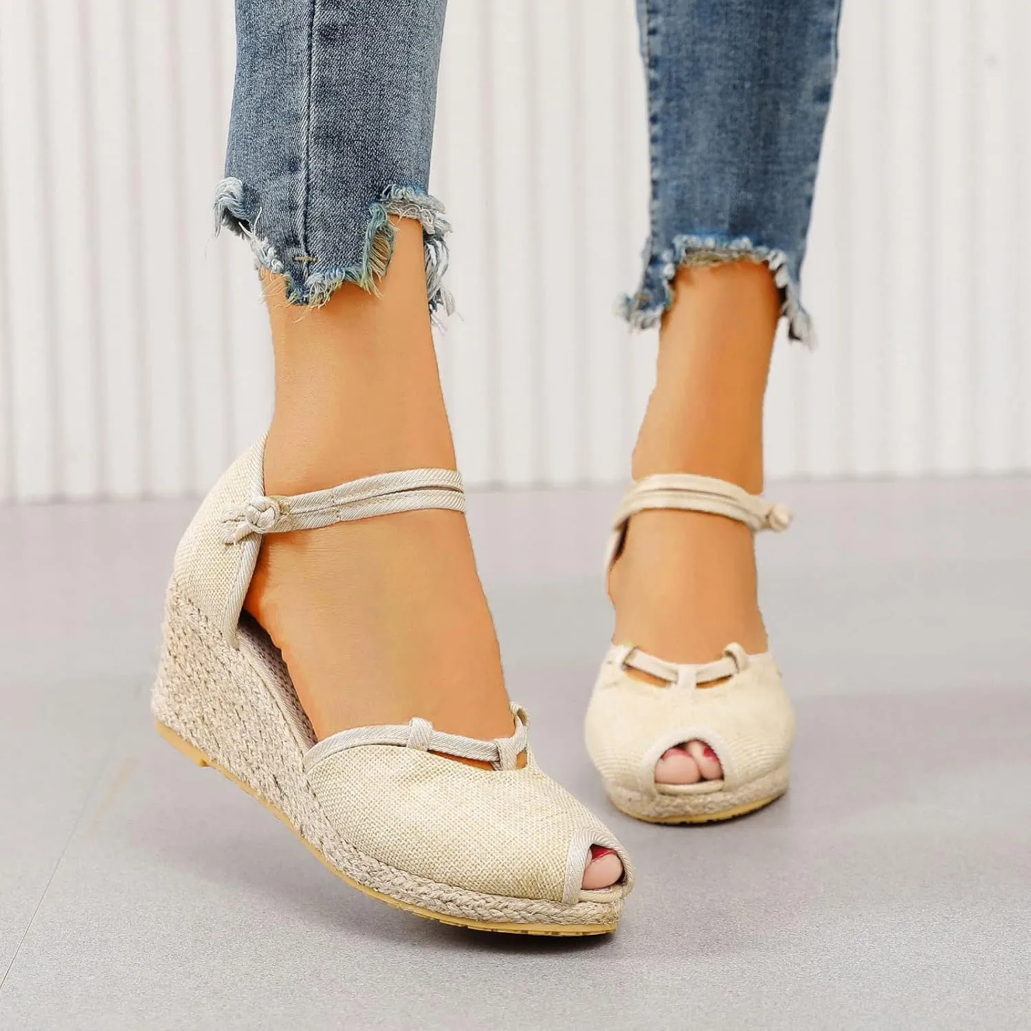 Platform Espadrilles for Women Wide Width Casual Fishmouth Sandals Ankle Strap Closed Toe Slingback Espadrille Wedge Heels Sandal Summer Fashion Breathable Lightweight Comfortable Shoes