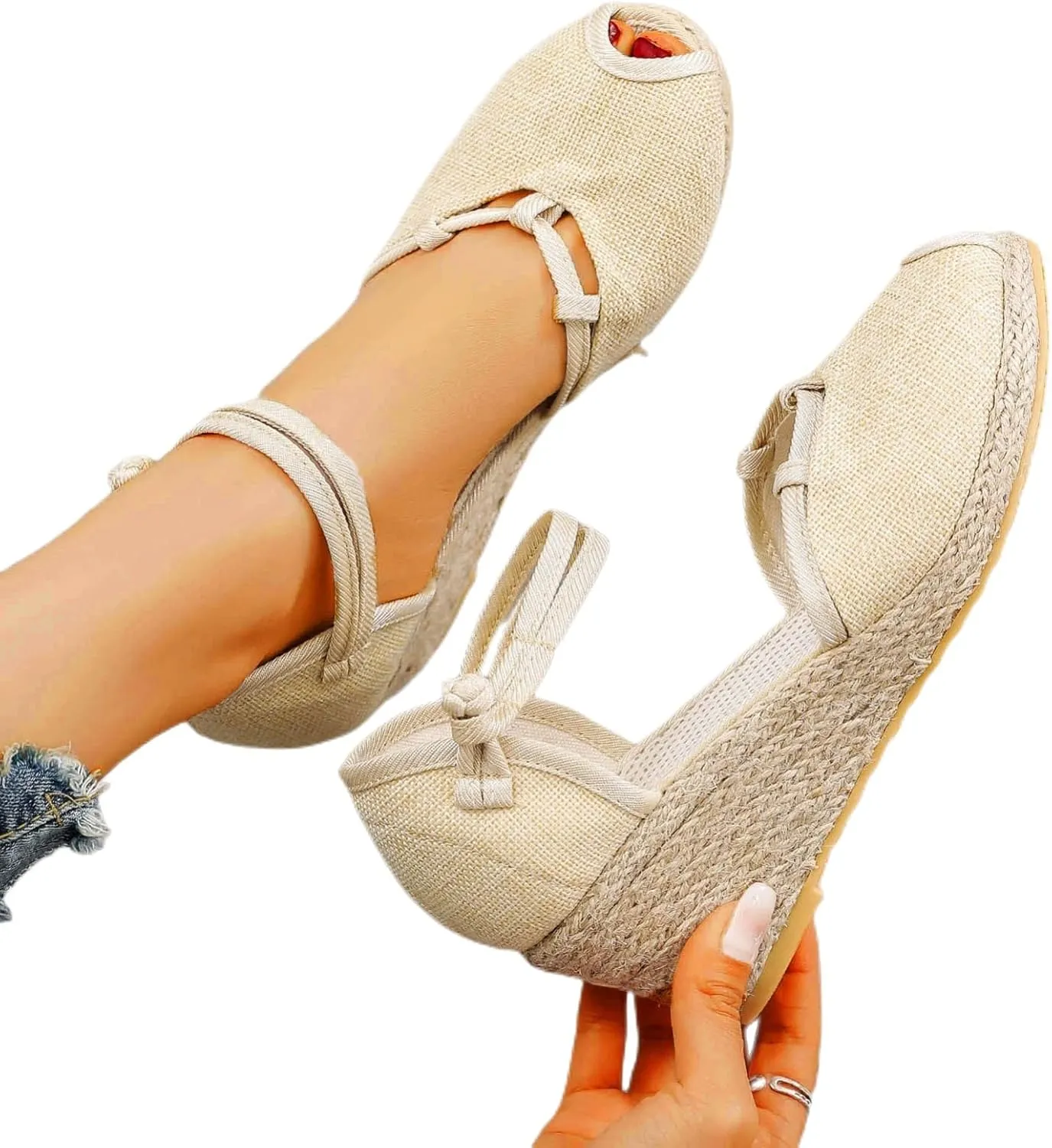 Platform Espadrilles for Women Wide Width Casual Fishmouth Sandals Ankle Strap Closed Toe Slingback Espadrille Wedge Heels Sandal Summer Fashion Breathable Lightweight Comfortable Shoes