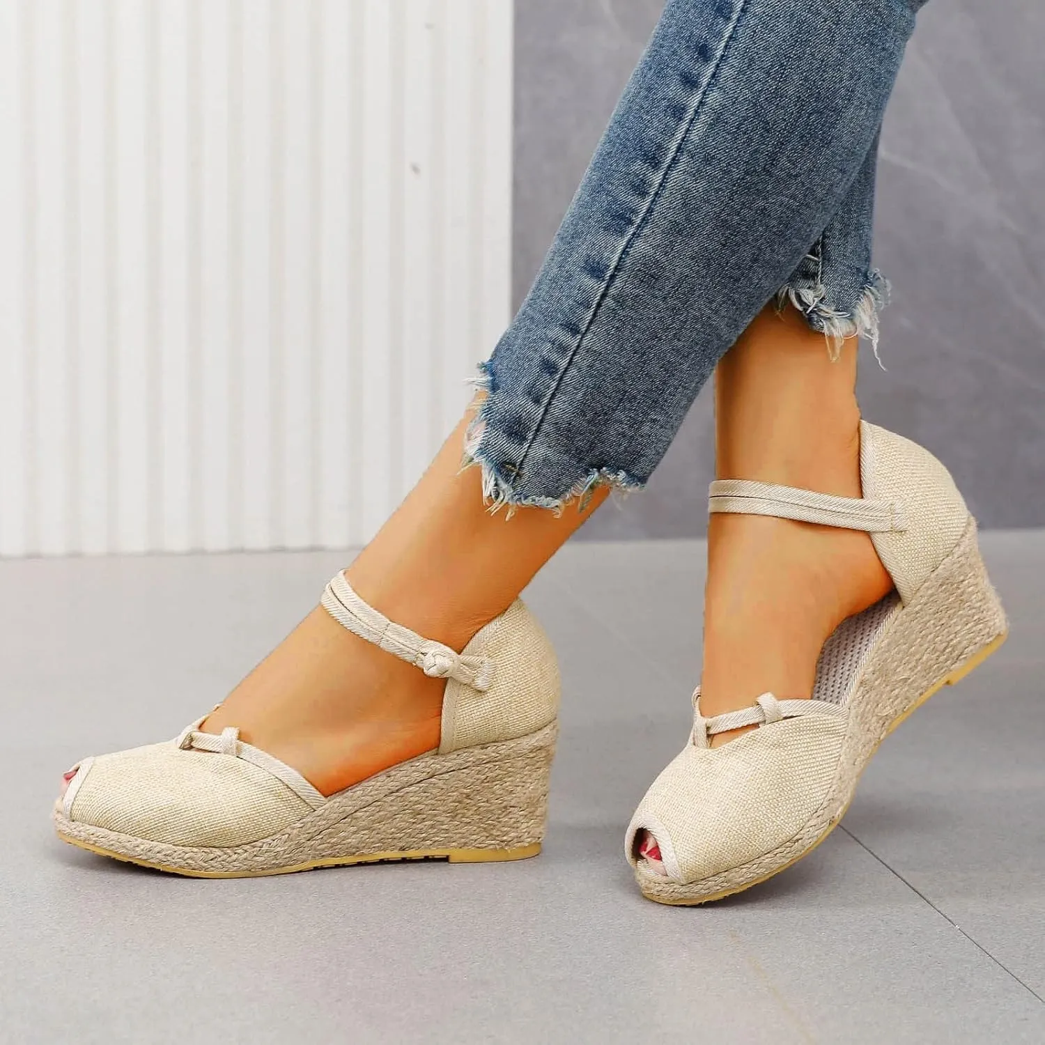 Platform Espadrilles for Women Wide Width Casual Fishmouth Sandals Ankle Strap Closed Toe Slingback Espadrille Wedge Heels Sandal Summer Fashion Breathable Lightweight Comfortable Shoes