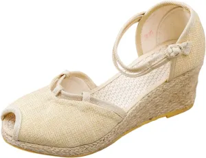 Platform Espadrilles for Women Wide Width Casual Fishmouth Sandals Ankle Strap Closed Toe Slingback Espadrille Wedge Heels Sandal Summer Fashion Breathable Lightweight Comfortable Shoes