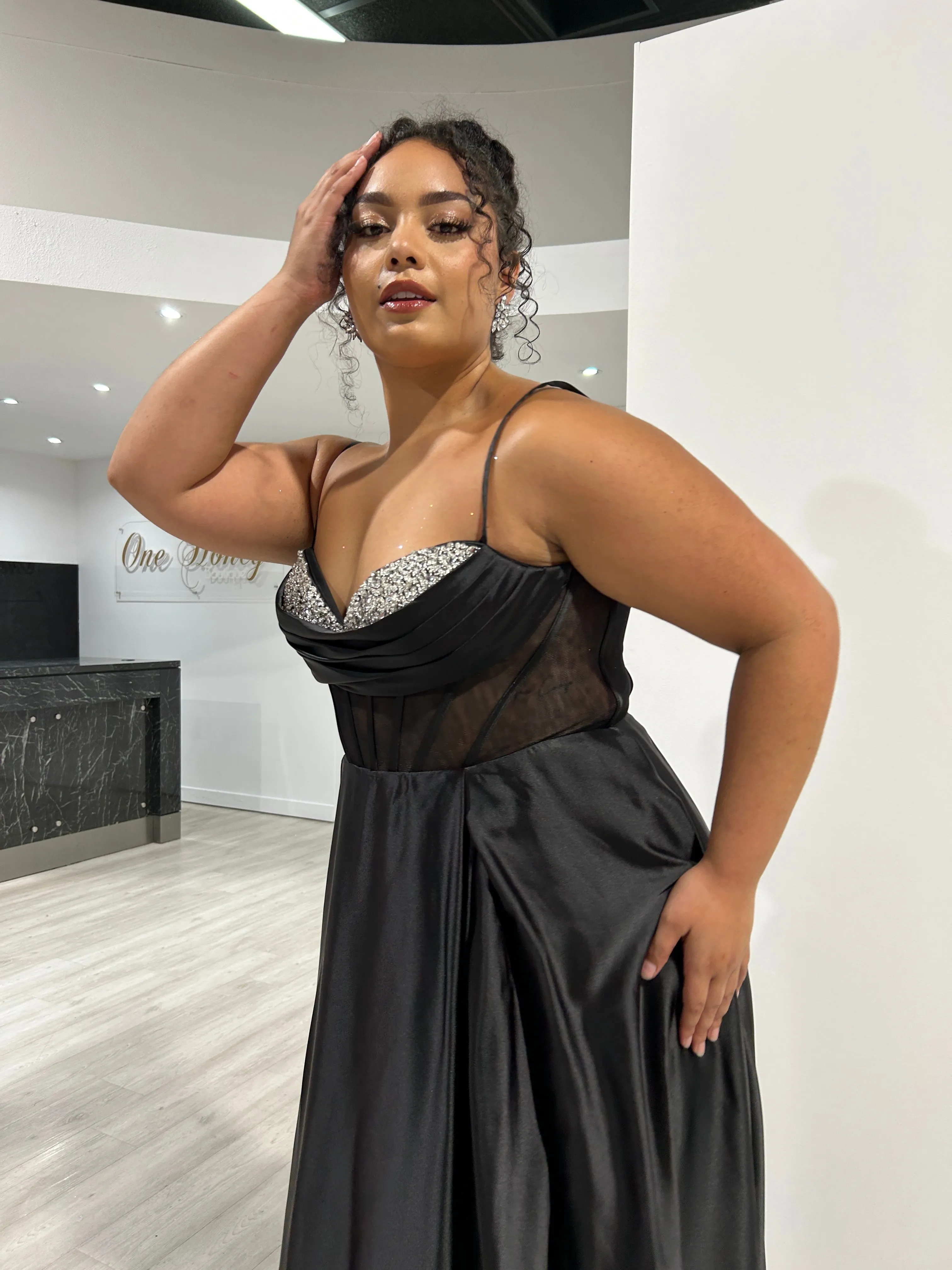 ROJA Satin Diamant Detail Corset A Line Formal Dress