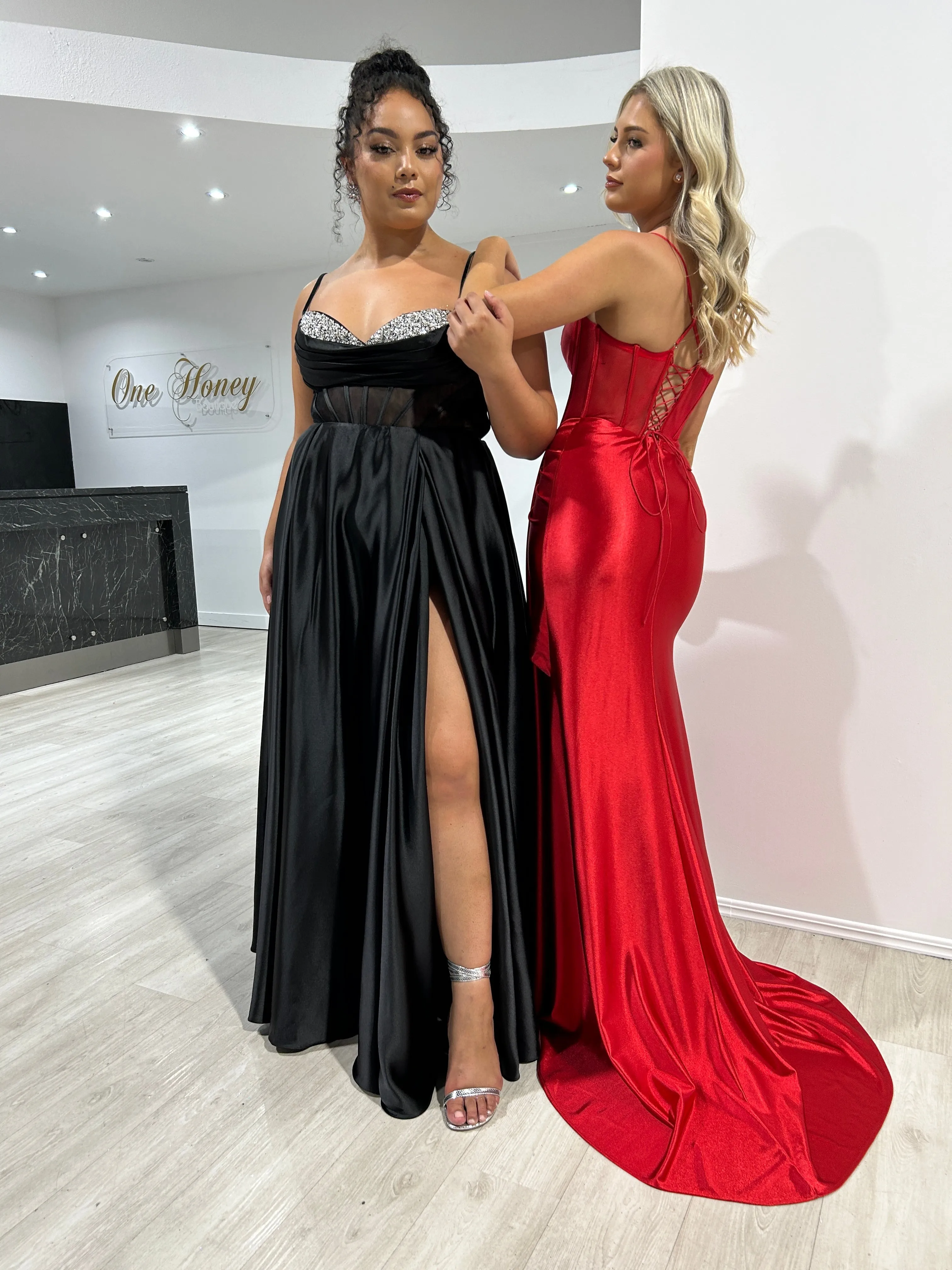 ROJA Satin Diamant Detail Corset A Line Formal Dress