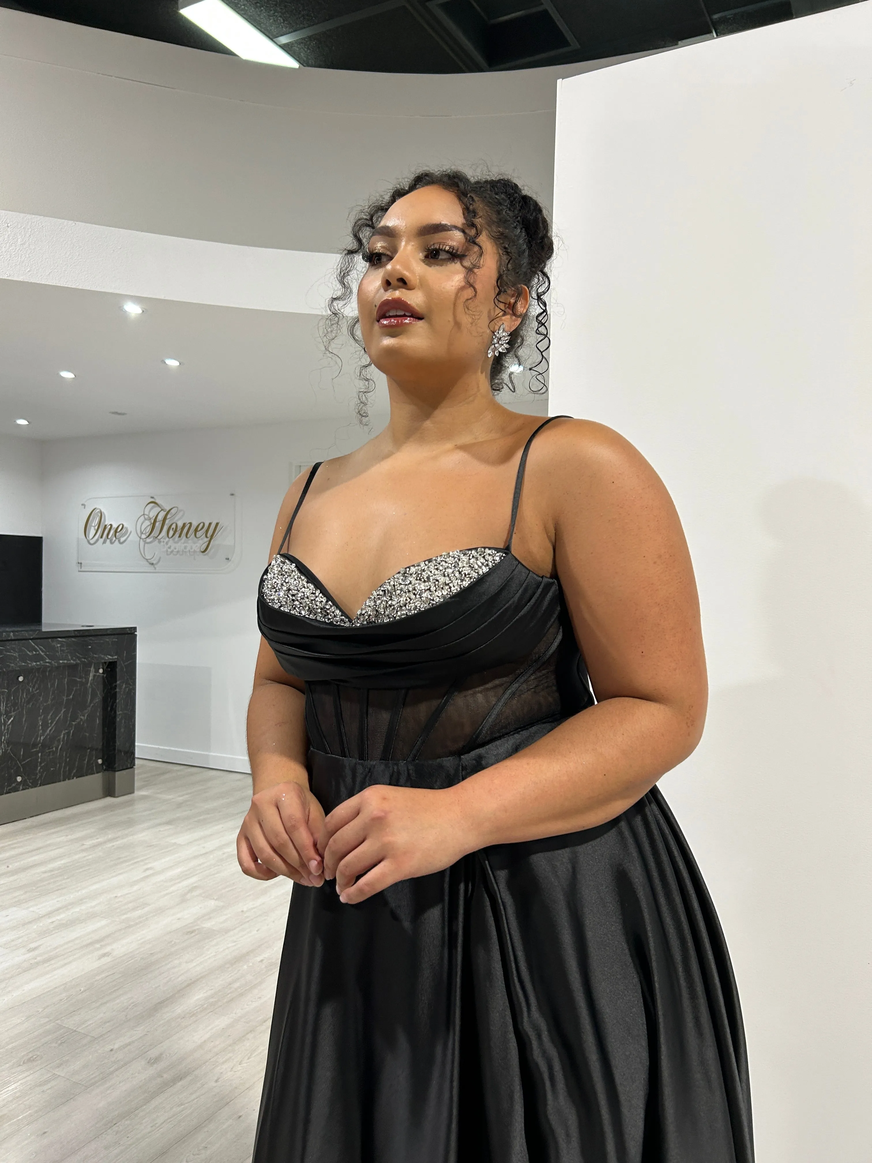 ROJA Satin Diamant Detail Corset A Line Formal Dress