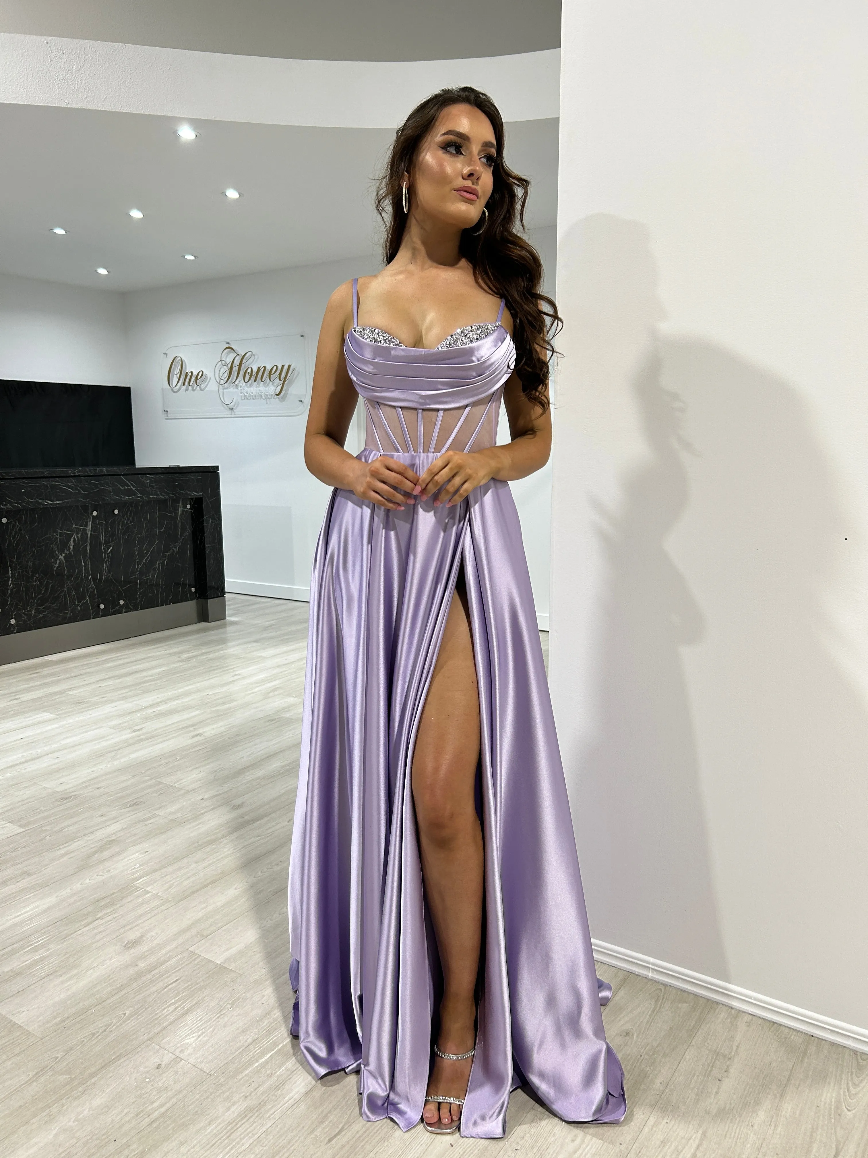 ROJA Satin Diamant Detail Corset A Line Formal Dress
