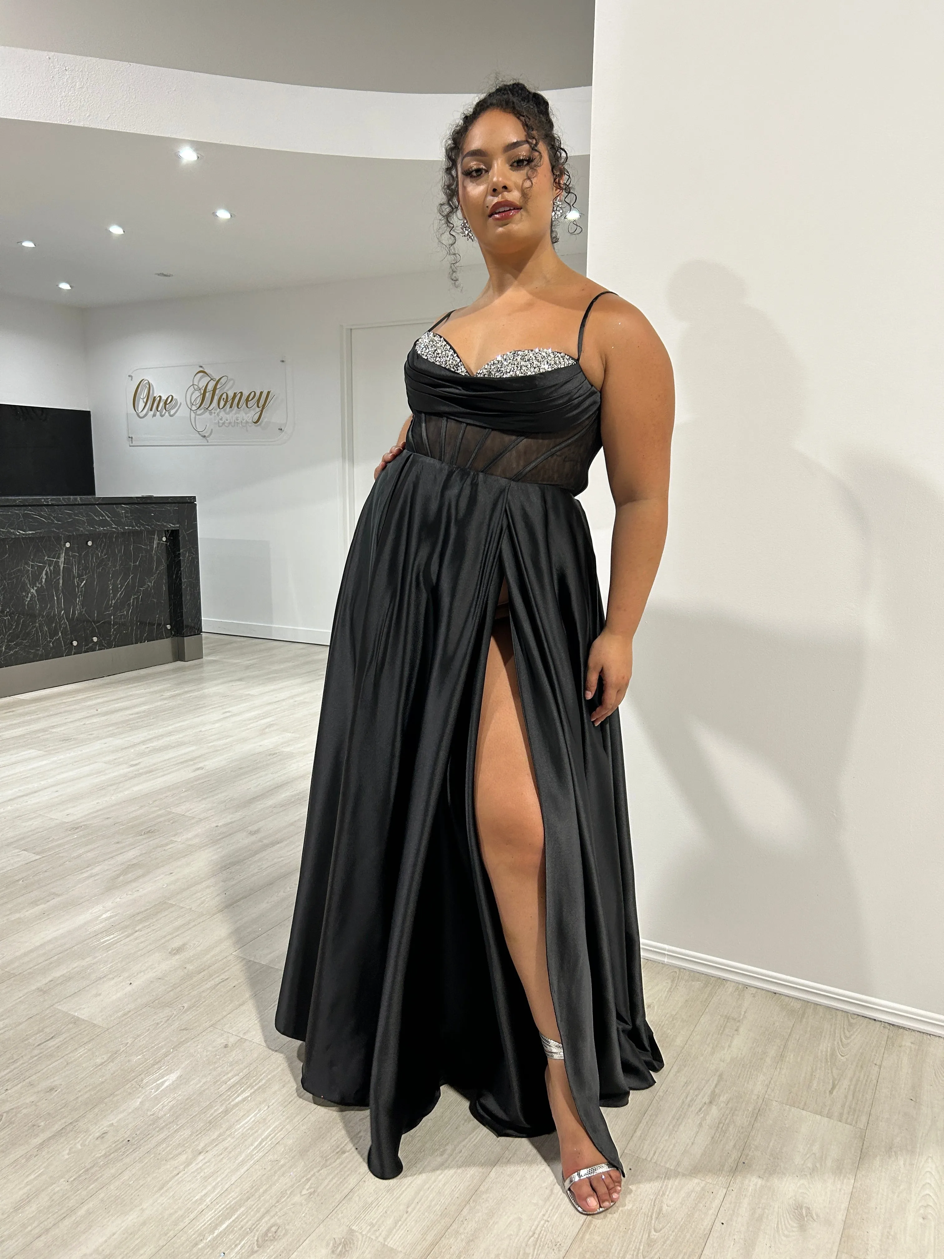 ROJA Satin Diamant Detail Corset A Line Formal Dress