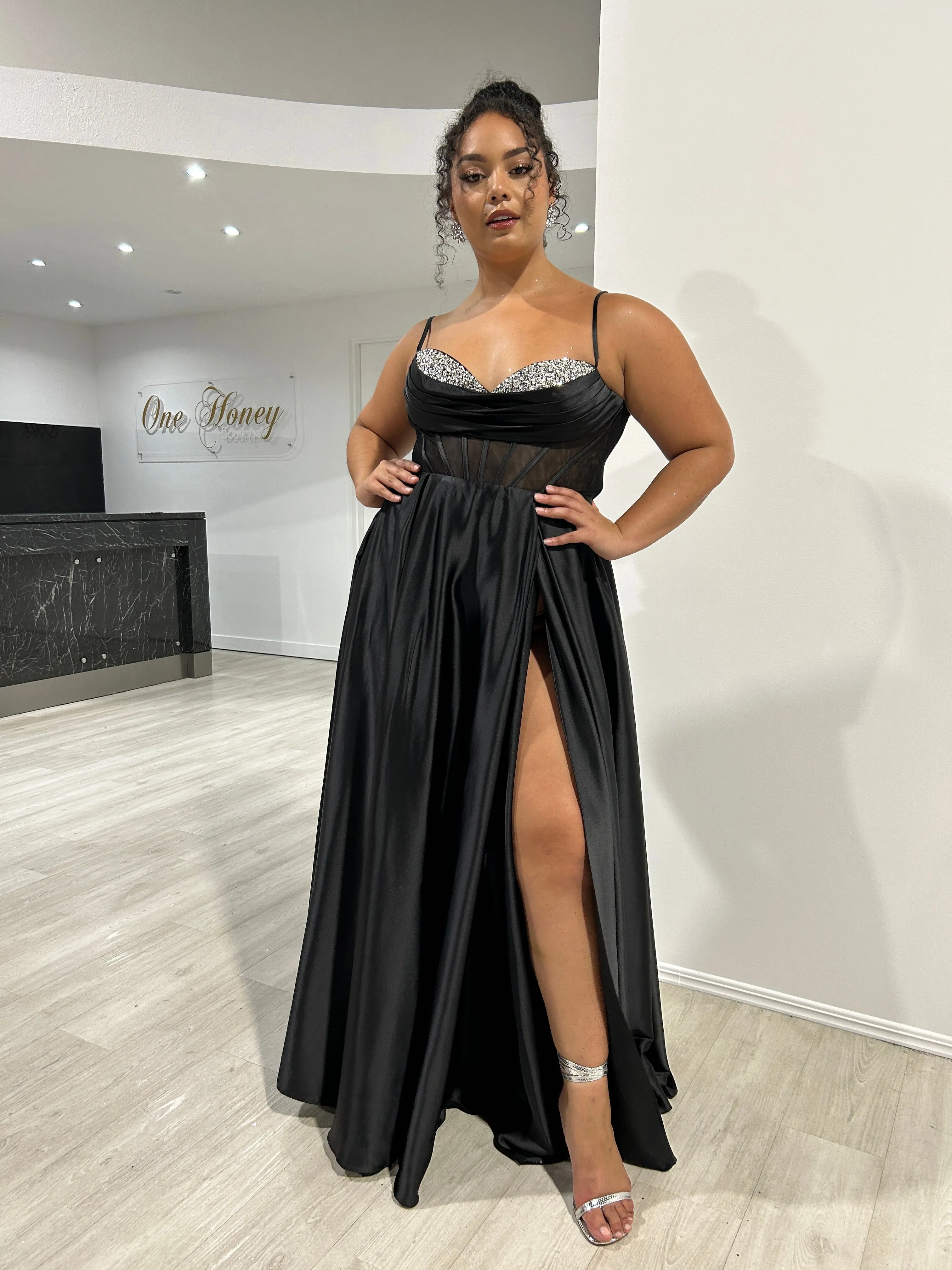 ROJA Satin Diamant Detail Corset A Line Formal Dress