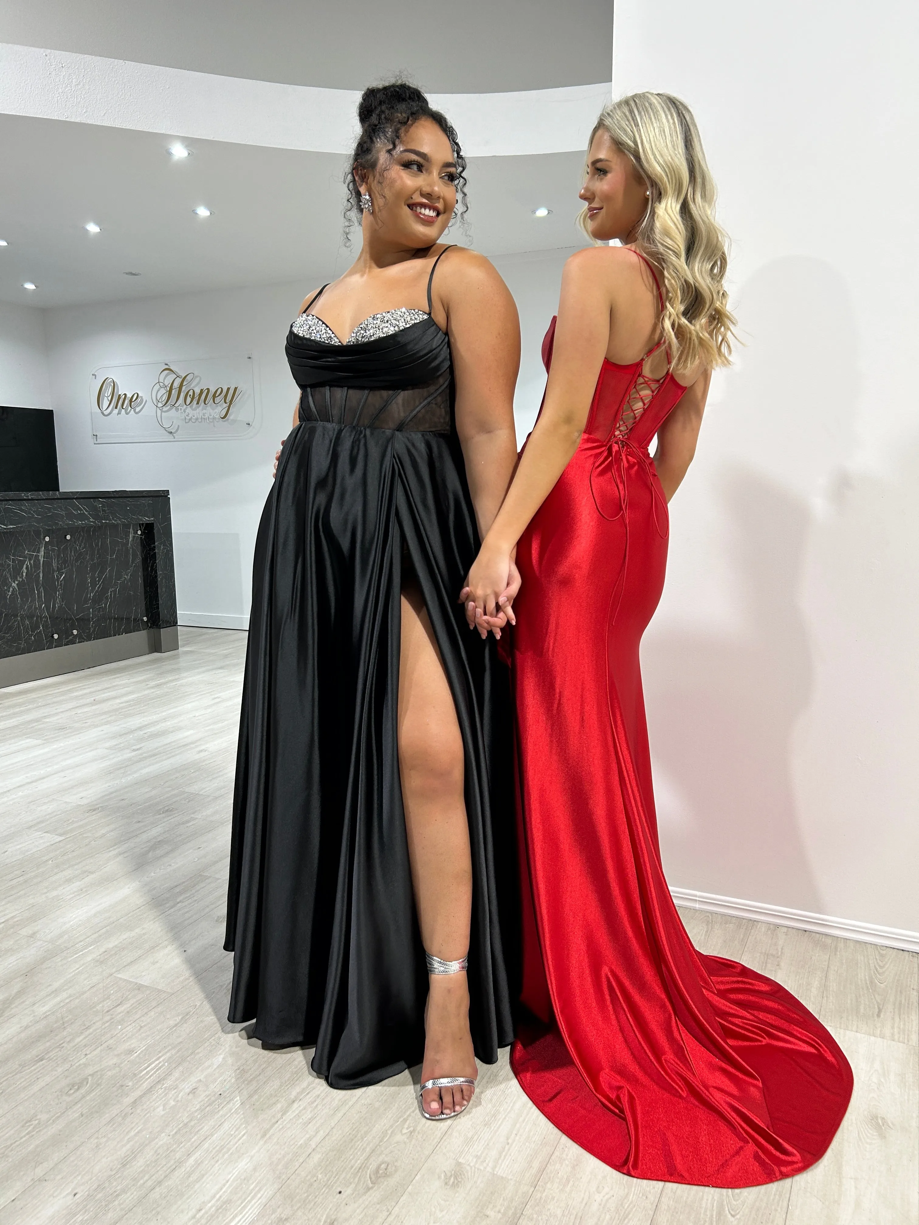 ROJA Satin Diamant Detail Corset A Line Formal Dress
