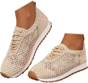 SACFOF Women's Fashion Knit Walking Sneakers Slip on Lightweight Breathable Casual Shoes Floral Lace Breathable Flat Sneakers