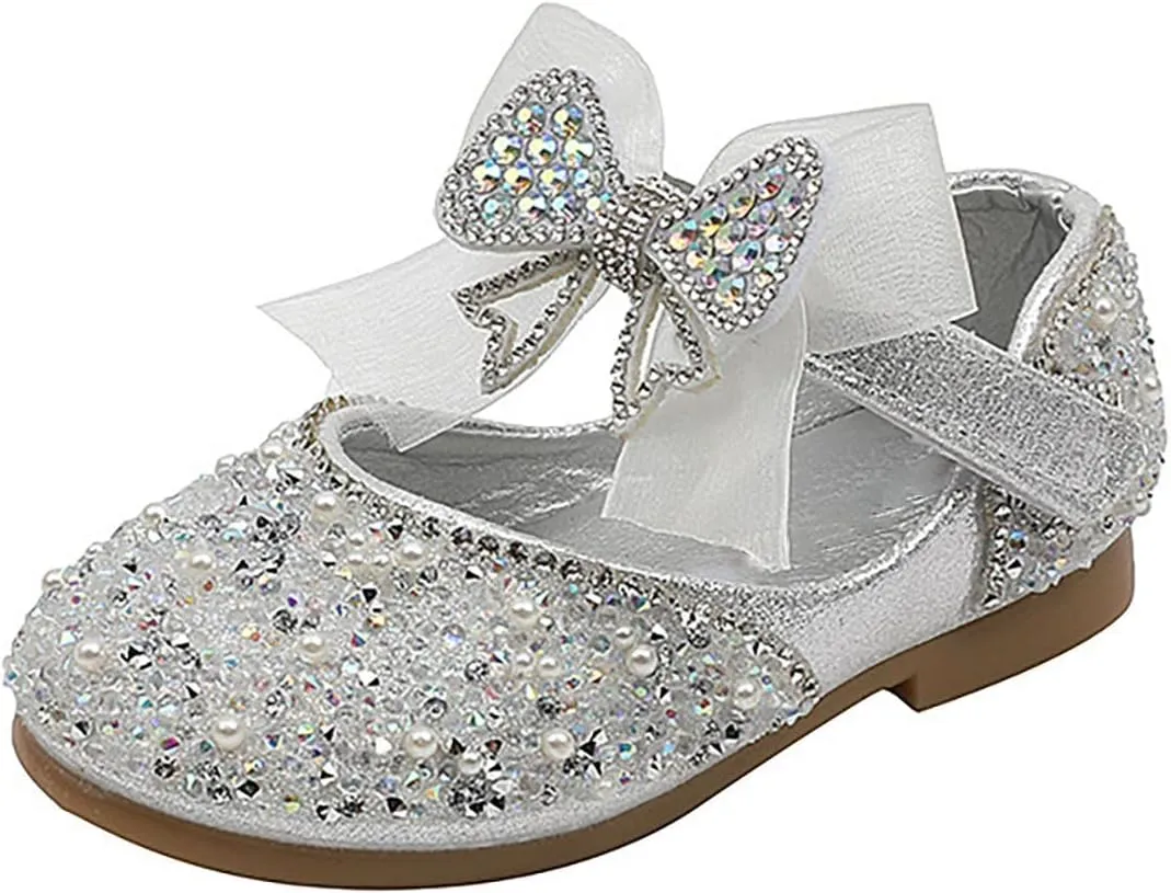 Shining Rhinestones Bow Strap Mary Jane Dress Shoes for Girls, Toddler Kids Sparkly Girls ??rystal Leather Sandals