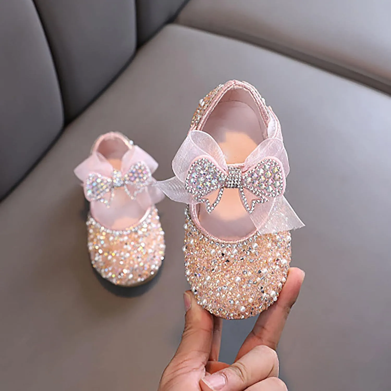 Shining Rhinestones Bow Strap Mary Jane Dress Shoes for Girls, Toddler Kids Sparkly Girls ??rystal Leather Sandals