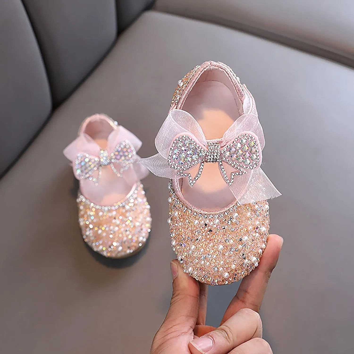 Shining Rhinestones Bow Strap Mary Jane Dress Shoes for Girls, Toddler Kids Sparkly Girls ??rystal Leather Sandals