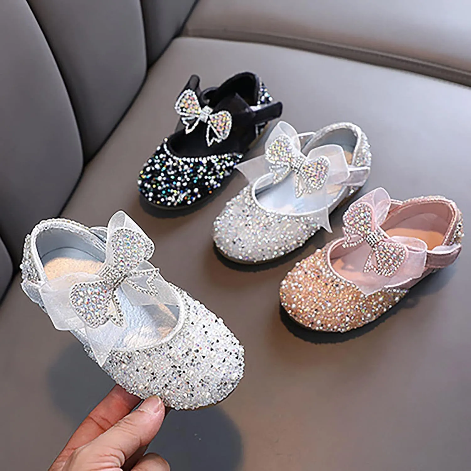Shining Rhinestones Bow Strap Mary Jane Dress Shoes for Girls, Toddler Kids Sparkly Girls ??rystal Leather Sandals