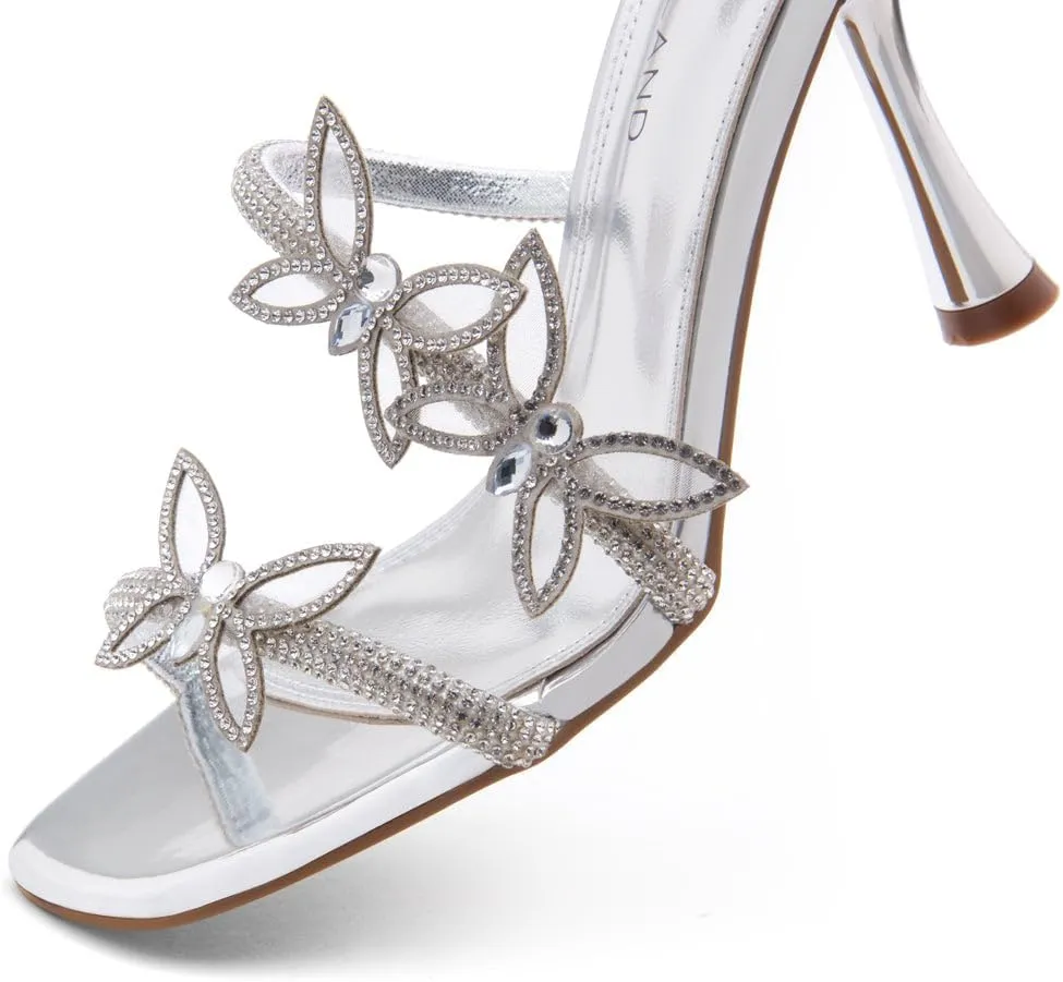 Shoe Land Charming2 Women's Rhinestone Heels, Square Open Toe High Stilettos with Spiral Ankle Wrap Strap ?C Coil Spiral High Heeled Crystal Dress Sandals for Party