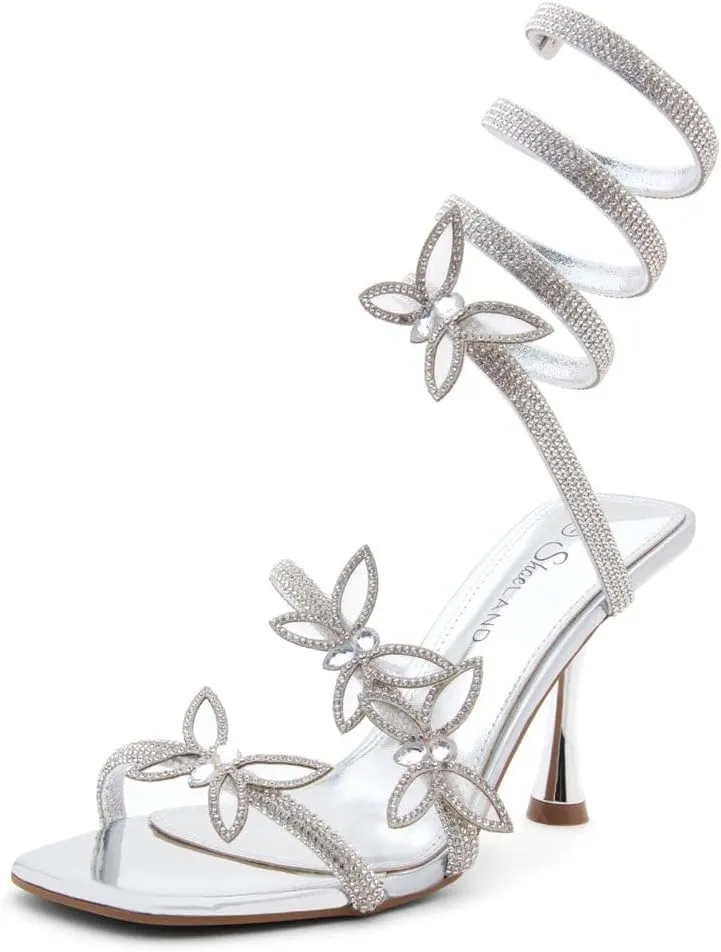 Shoe Land Charming2 Women's Rhinestone Heels, Square Open Toe High Stilettos with Spiral Ankle Wrap Strap ?C Coil Spiral High Heeled Crystal Dress Sandals for Party