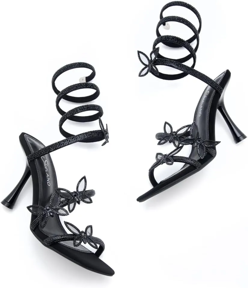 Shoe Land Charming2 Women's Rhinestone Heels, Square Open Toe High Stilettos with Spiral Ankle Wrap Strap ?C Coil Spiral High Heeled Crystal Dress Sandals for Party