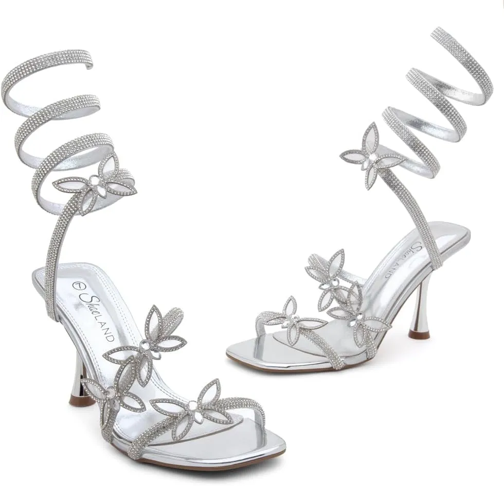 Shoe Land Charming2 Women's Rhinestone Heels, Square Open Toe High Stilettos with Spiral Ankle Wrap Strap ?C Coil Spiral High Heeled Crystal Dress Sandals for Party
