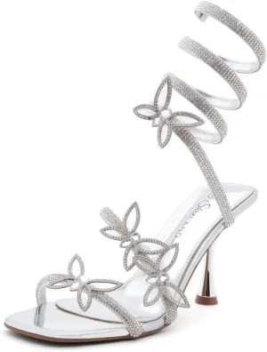 Shoe Land Charming2 Women's Rhinestone Heels, Square Open Toe High Stilettos with Spiral Ankle Wrap Strap ?C Coil Spiral High Heeled Crystal Dress Sandals for Party
