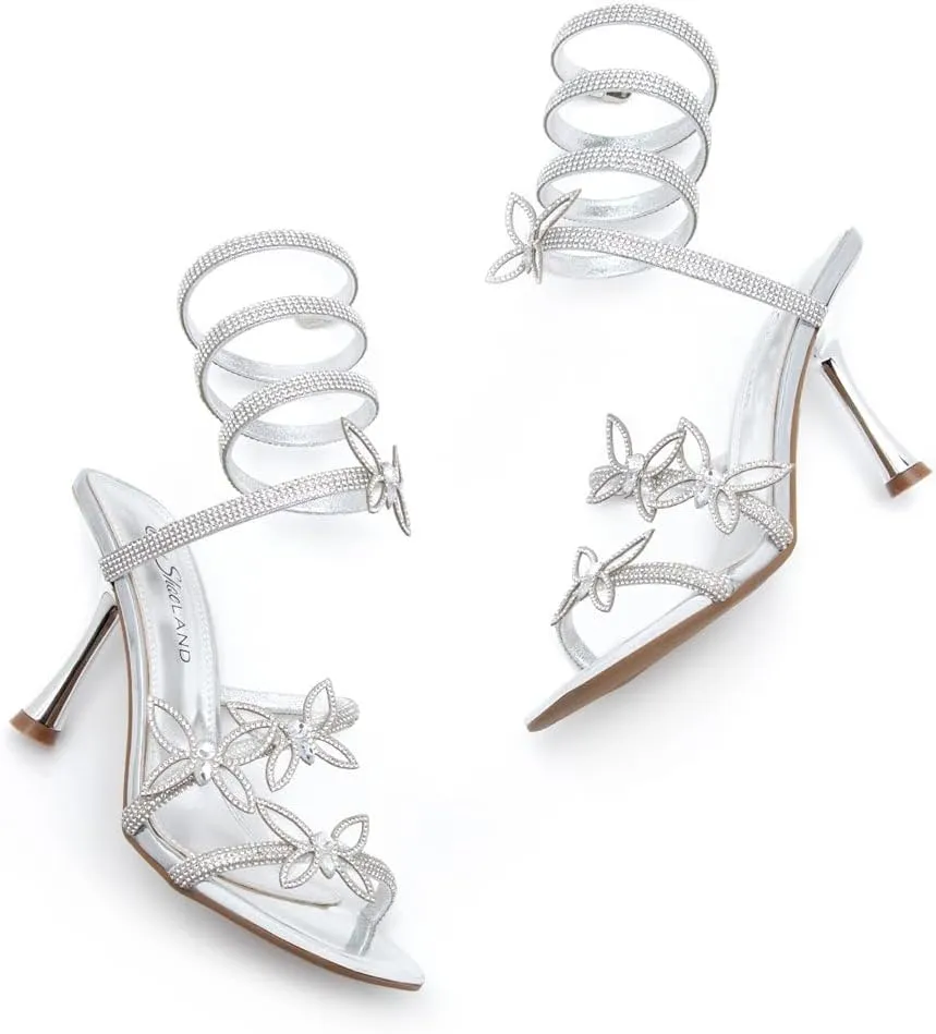 Shoe Land Charming2 Women's Rhinestone Heels, Square Open Toe High Stilettos with Spiral Ankle Wrap Strap ?C Coil Spiral High Heeled Crystal Dress Sandals for Party