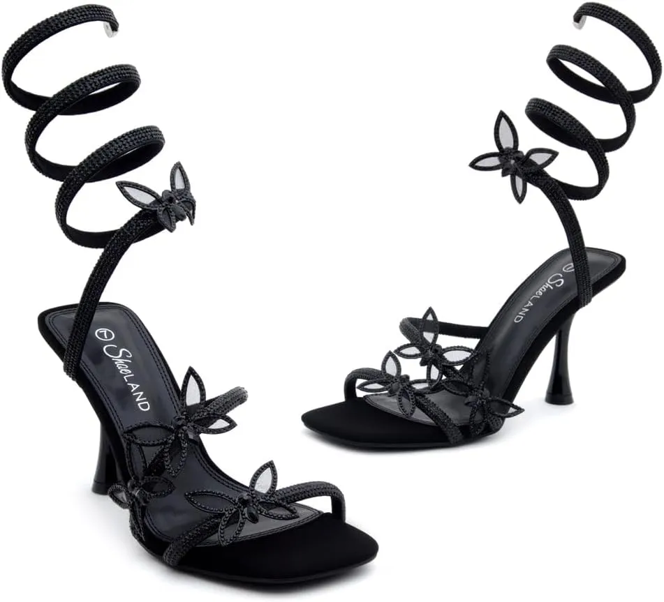 Shoe Land Charming2 Women's Rhinestone Heels, Square Open Toe High Stilettos with Spiral Ankle Wrap Strap ?C Coil Spiral High Heeled Crystal Dress Sandals for Party