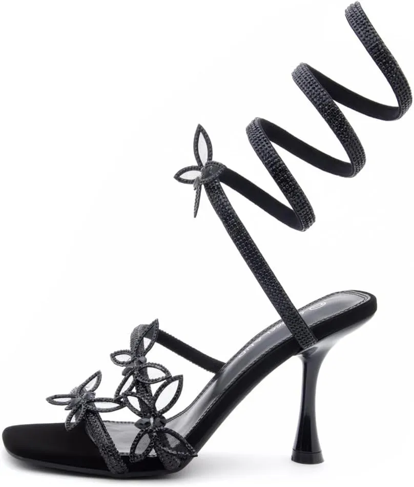 Shoe Land Charming2 Women's Rhinestone Heels, Square Open Toe High Stilettos with Spiral Ankle Wrap Strap ?C Coil Spiral High Heeled Crystal Dress Sandals for Party