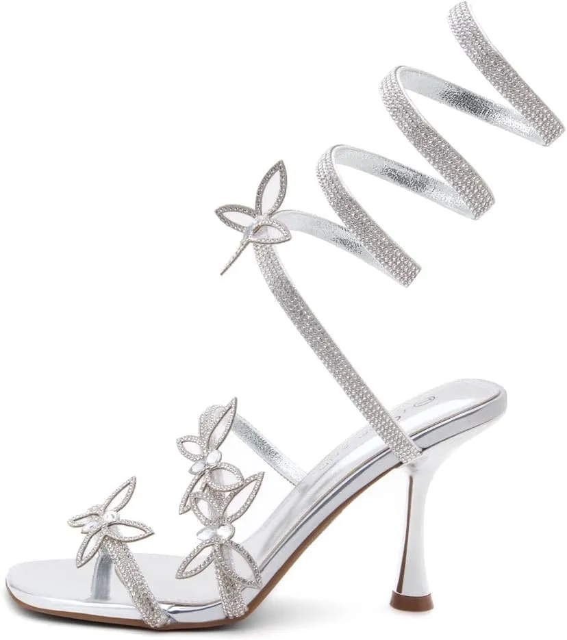 Shoe Land Charming2 Women's Rhinestone Heels, Square Open Toe High Stilettos with Spiral Ankle Wrap Strap ?C Coil Spiral High Heeled Crystal Dress Sandals for Party