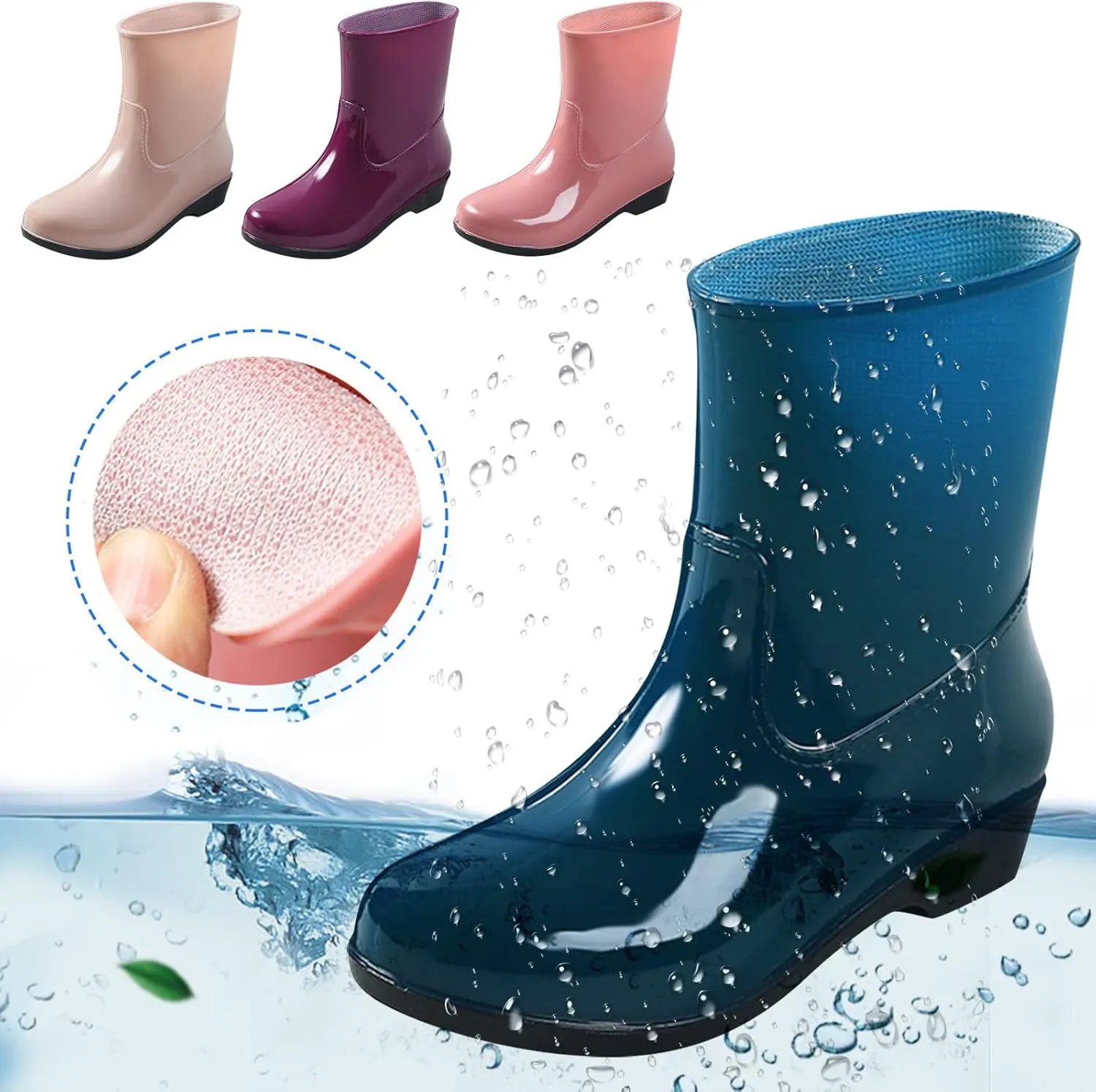Short Rain Boots for Women, Women's Ankle Rain Boots Waterproof Wide Calf Garden Shoes Lightweight Anti-Slipping Rubber Shoes