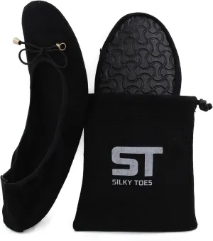 Silky Toes Womens Velvet Foldable Ballet Flats Slip On Travel Purse Shoes with Carrying Pouch
