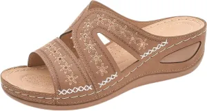 Slide Sandals Women Orthopedic Casual Wedge Slipper Sandals Fashion Cutout Flower Design Walking Shoes Lightweight Non-Slip Summer Beach Slippers