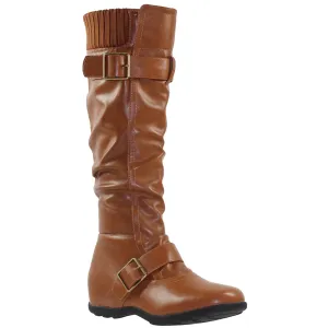 SOBEYO Women's Boots Ruched Knit Cuff Double Straps Buckles Tan Leather