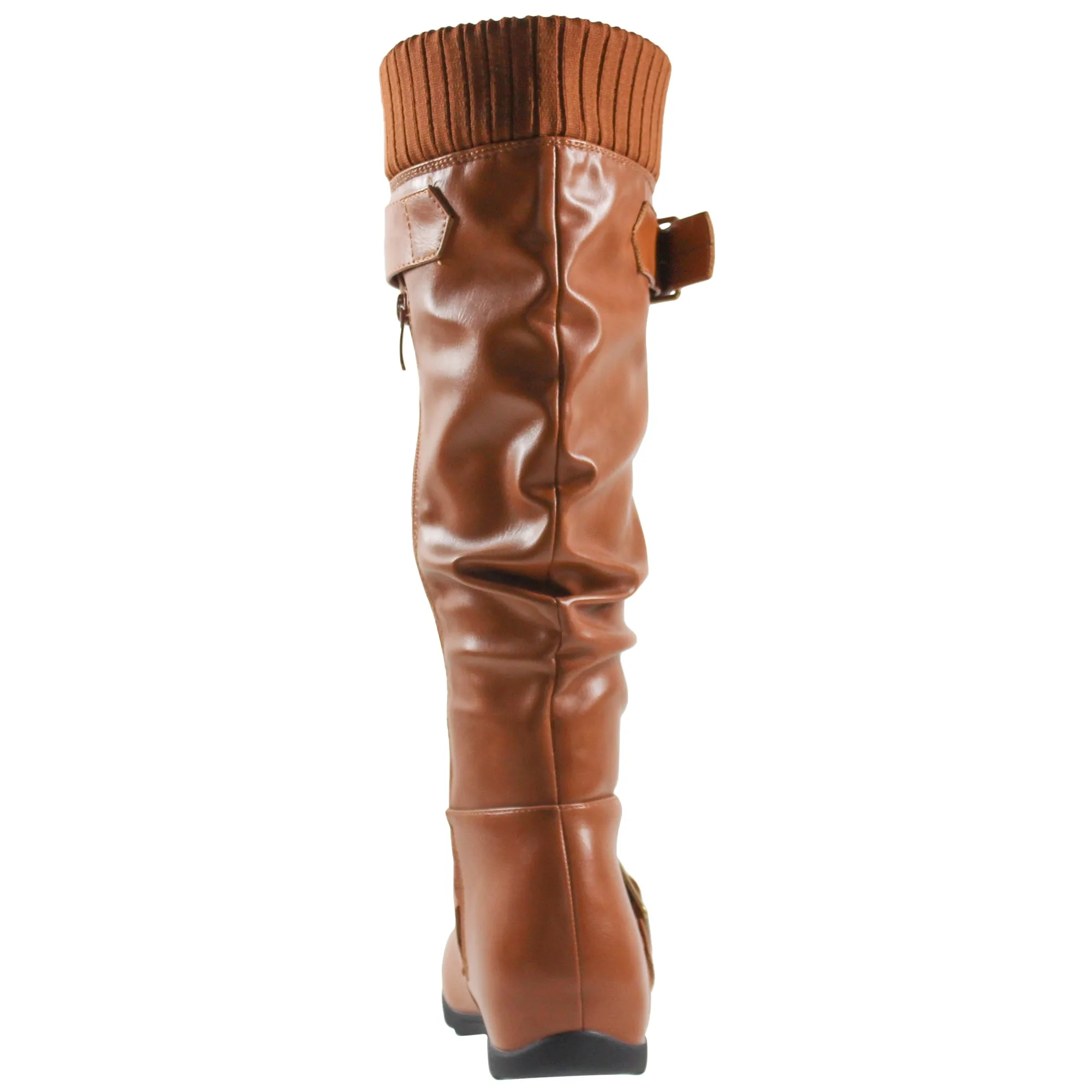 SOBEYO Women's Boots Ruched Knit Cuff Double Straps Buckles Tan Leather