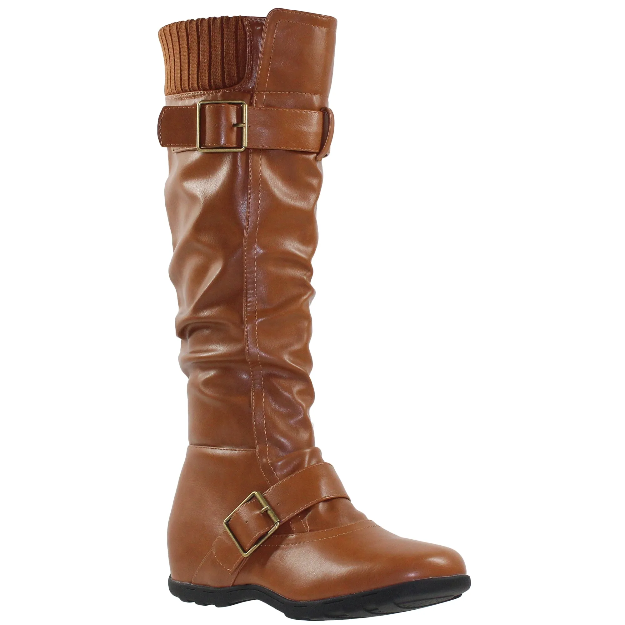 SOBEYO Women's Boots Ruched Knit Cuff Double Straps Buckles Tan Leather