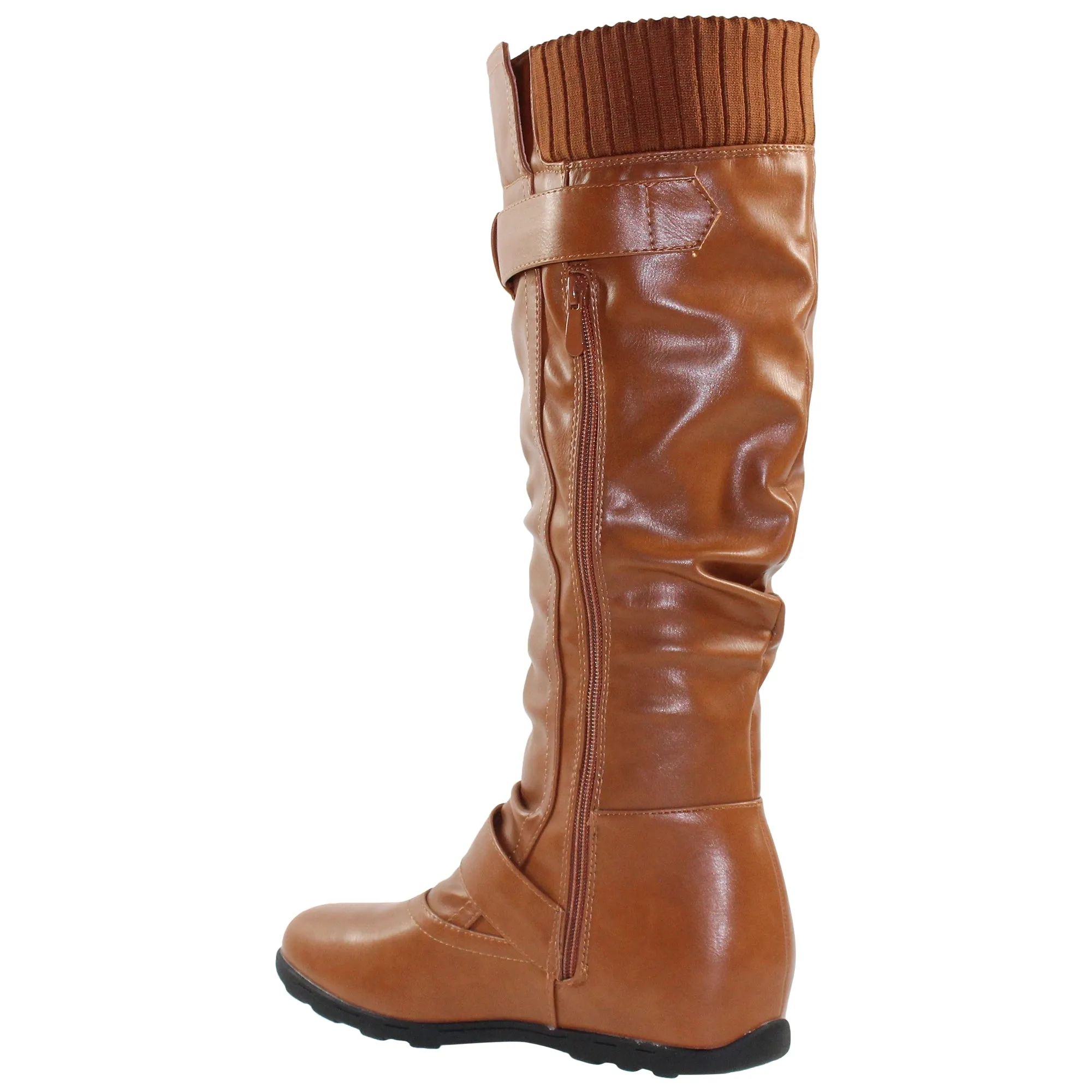 SOBEYO Women's Boots Ruched Knit Cuff Double Straps Buckles Tan Leather