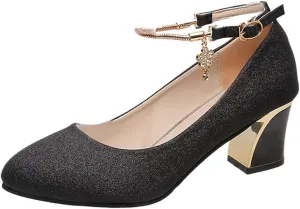 Strappy Heels for Women Mary Jane Dress Shoes Double Strap Closed Round Toe Block High Heel Pumps