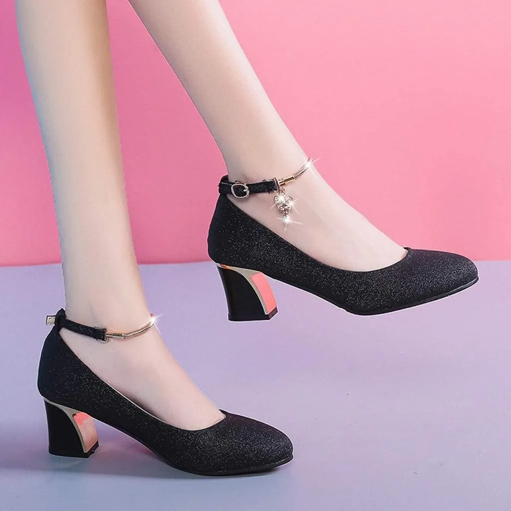 Strappy Heels for Women Mary Jane Dress Shoes Double Strap Closed Round Toe Block High Heel Pumps