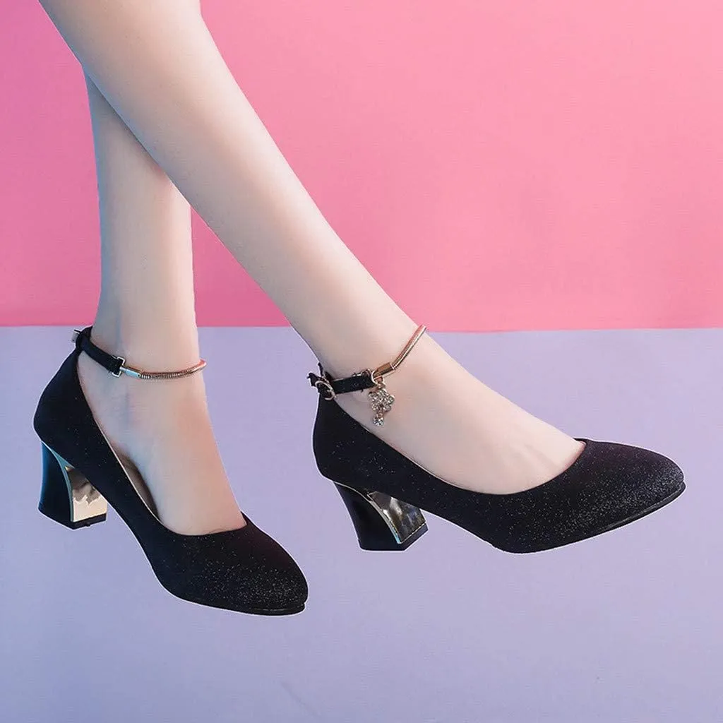 Strappy Heels for Women Mary Jane Dress Shoes Double Strap Closed Round Toe Block High Heel Pumps