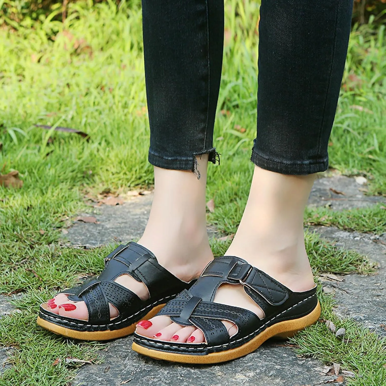 SuanlaTDS Orthopedic Sandals for Women Summer Comfortable Wedge Platform Walking Sandals with Arch Support Casual Outdoor Flat Open Toe Low Heels Wedges Slip On Slide Sandals Slippers