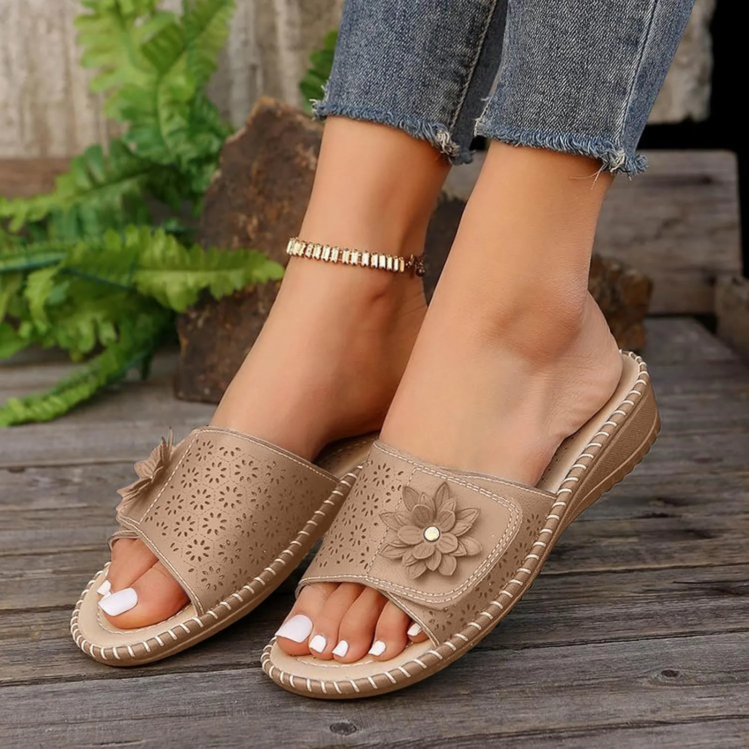 SuanlaTDS Orthopedic Sandals for Women Wedge Comfortable Arch Support Wide Sith Open Toe Slip On Slides Casual Summer Beach Outdoor Walking Shoes Platform Low heels Slide Sandal Slippers