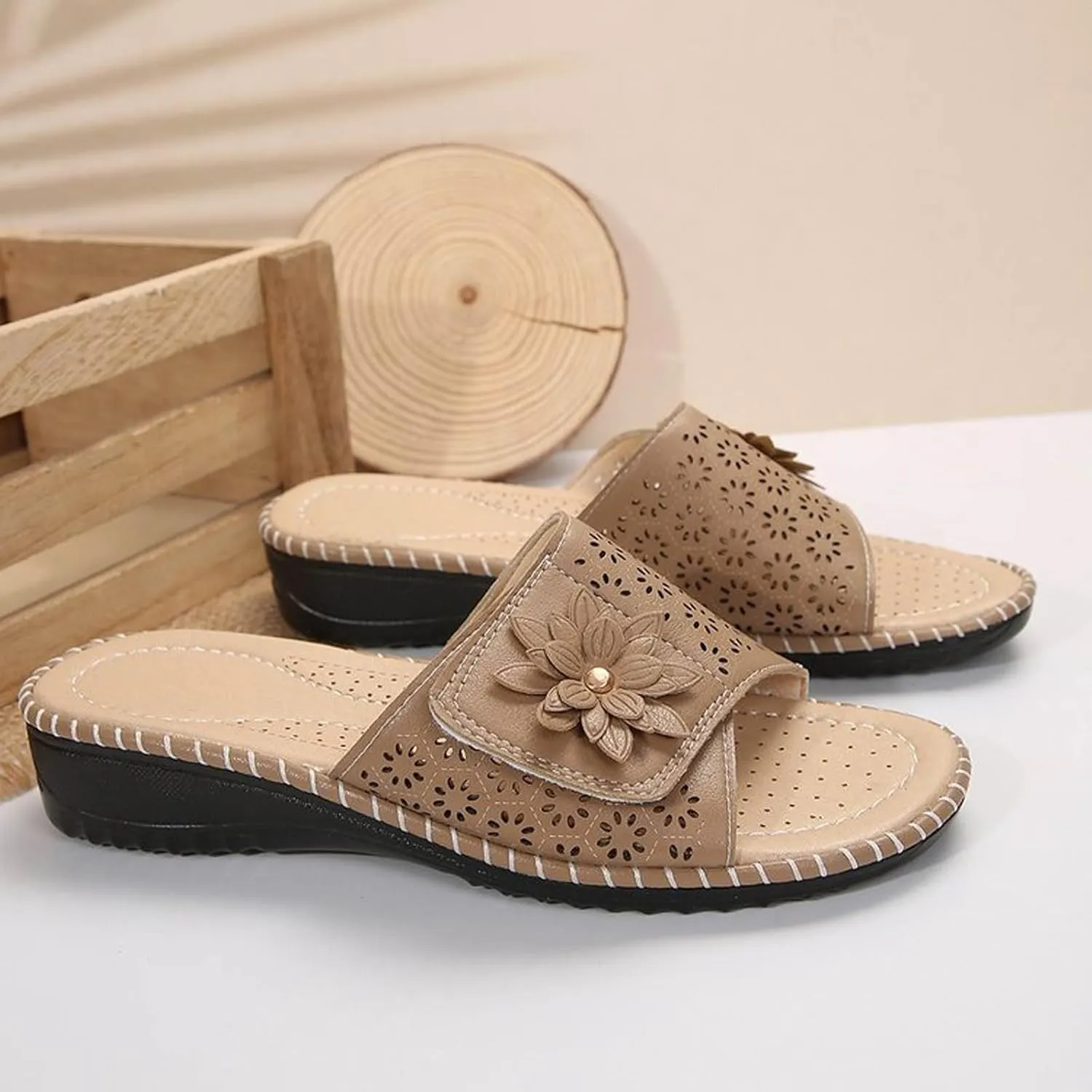 SuanlaTDS Orthopedic Sandals for Women Wedge Comfortable Arch Support Wide Sith Open Toe Slip On Slides Casual Summer Beach Outdoor Walking Shoes Platform Low heels Slide Sandal Slippers