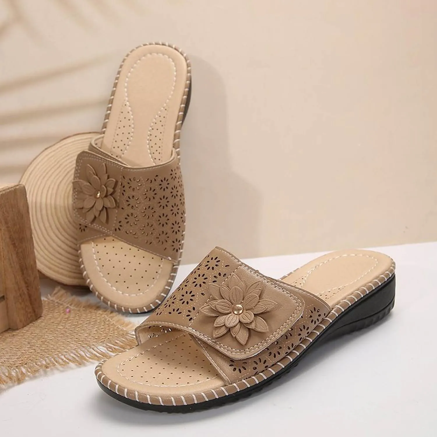 SuanlaTDS Orthopedic Sandals for Women Wedge Comfortable Arch Support Wide Sith Open Toe Slip On Slides Casual Summer Beach Outdoor Walking Shoes Platform Low heels Slide Sandal Slippers