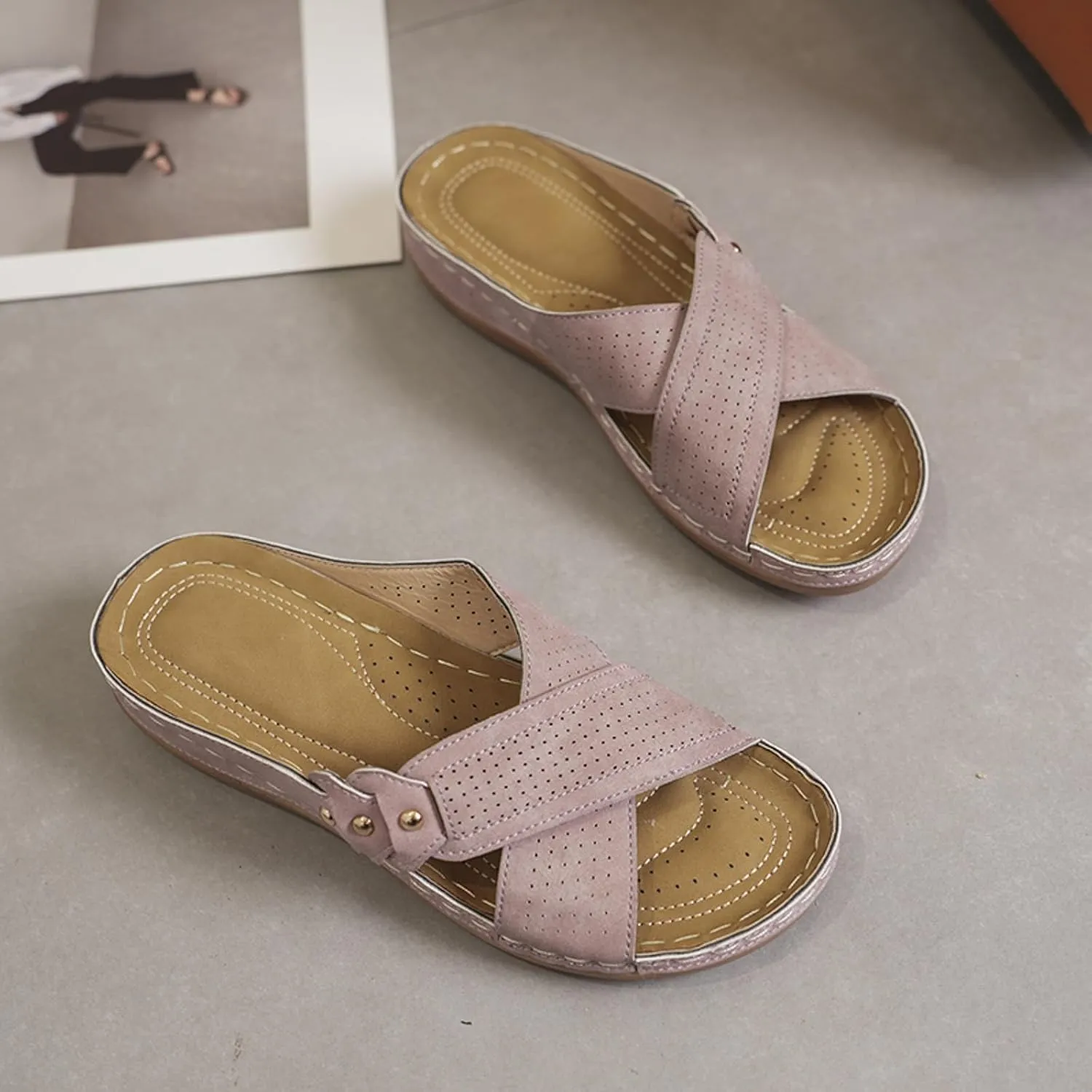 SuanlaTDS Orthopedic Wedge Sandals for Women Summer Dressy 2025 Open Toe Platform Casual Low Wedges Heels Arch Support Beach Dress Shoes Comfortable Outdoor Slip On Slide Walking Sandal