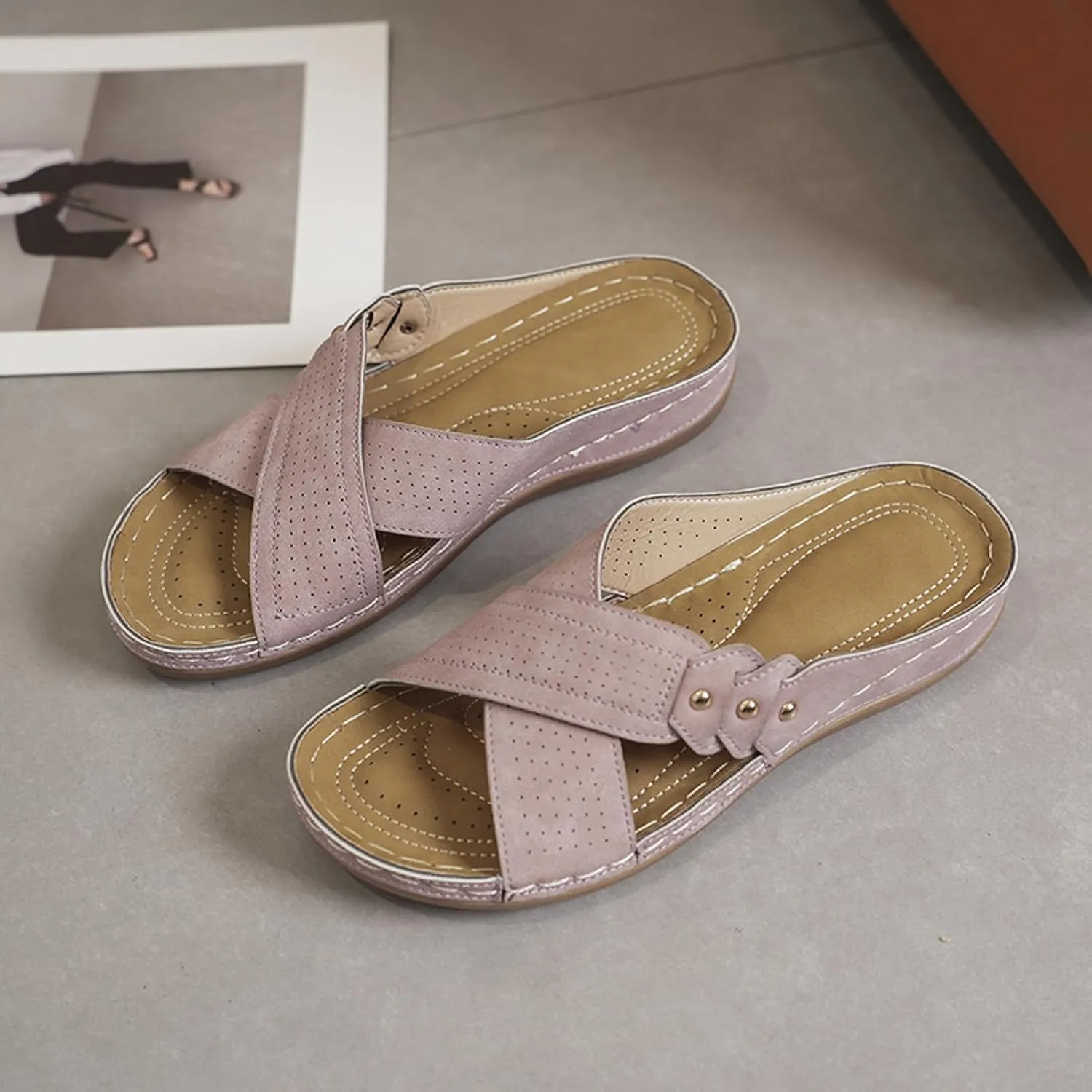 SuanlaTDS Orthopedic Wedge Sandals for Women Summer Dressy 2025 Open Toe Platform Casual Low Wedges Heels Arch Support Beach Dress Shoes Comfortable Outdoor Slip On Slide Walking Sandal